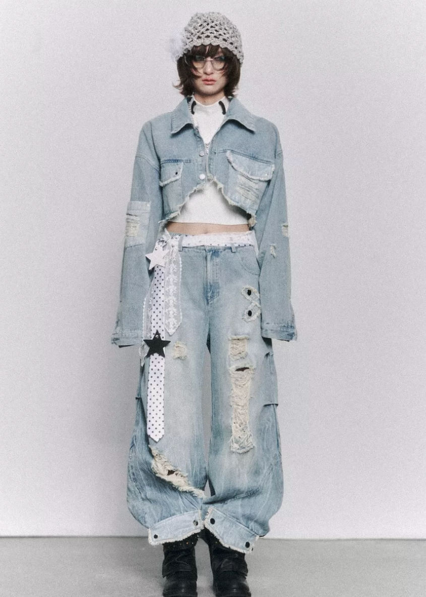 wide leg jeans women, distressed jeans women, ripped denim jeans, grunge outfit women, edgy outfit women, street style jeans, punk style clothing, y2k edgy outfit, alternative fashion women, oversized denim pants, raw edge jeans, baggy jeans women, urban streetwear women, dark aesthetic outfit, vintage washed jeans, statement denim pants, loose fit jeans women, rebellious fashion outfit, underground fashion women, distressed wide jeans