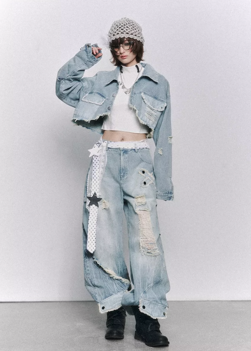 wide leg jeans women, distressed jeans women, ripped denim jeans, grunge outfit women, edgy outfit women, street style jeans, punk style clothing, y2k edgy outfit, alternative fashion women, oversized denim pants, raw edge jeans, baggy jeans women, urban streetwear women, dark aesthetic outfit, vintage washed jeans, statement denim pants, loose fit jeans women, rebellious fashion outfit, underground fashion women, distressed wide jeans