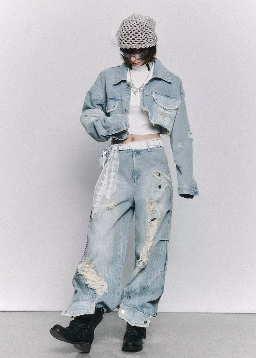 wide leg jeans women, distressed jeans women, ripped denim jeans, grunge outfit women, edgy outfit women, street style jeans, punk style clothing, y2k edgy outfit, alternative fashion women, oversized denim pants, raw edge jeans, baggy jeans women, urban streetwear women, dark aesthetic outfit, vintage washed jeans, statement denim pants, loose fit jeans women, rebellious fashion outfit, underground fashion women, distressed wide jeans