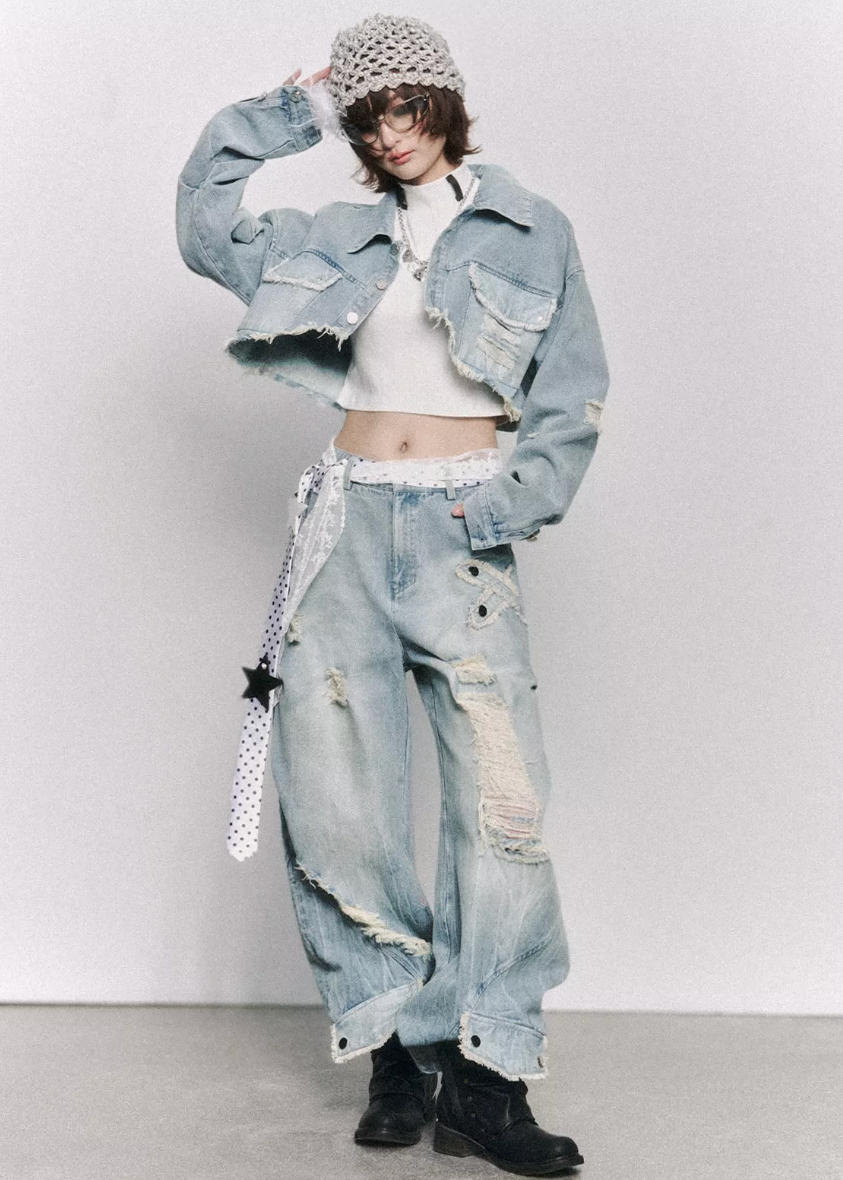 wide leg jeans women, distressed jeans women, ripped denim jeans, grunge outfit women, edgy outfit women, street style jeans, punk style clothing, y2k edgy outfit, alternative fashion women, oversized denim pants, raw edge jeans, baggy jeans women, urban streetwear women, dark aesthetic outfit, vintage washed jeans, statement denim pants, loose fit jeans women, rebellious fashion outfit, underground fashion women, distressed wide jeans