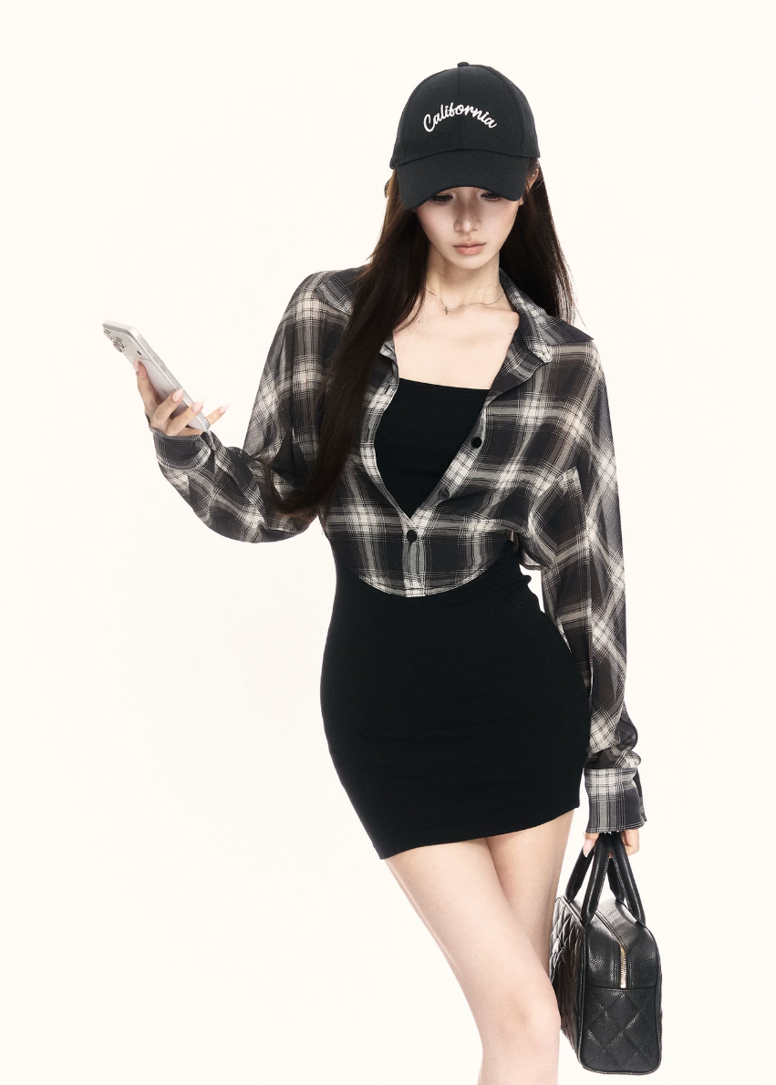 two piece dress women, plaid mini dress, bodycon dress women, korean fashion dress, slim fit dress women, check shirt dress, casual chic outfit, street style dress, y2k outfit women, fitted mini dress, everyday dress women, modern minimal dress, trendy mini dress, layering dress style, structured dress women, fashion forward outfit, short dress women, urban style outfit, sleek silhouette dress, versatile mini dress