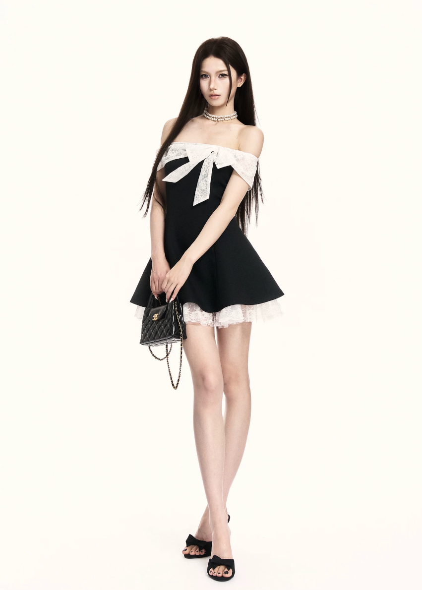 off shoulder dress women, black mini dress women, contrast dress women, bow dress women, korean fashion dress, a line dress women, slim fit dress women, elegant mini dress, summer outfit ideas, vacation dress women, chic minimal dress, short dress women, modern feminine outfit, flattering waist dress, stylish black dress, trendy mini dress, parisian style dress, statement mini dress, clean silhouette dress, refined mini dress