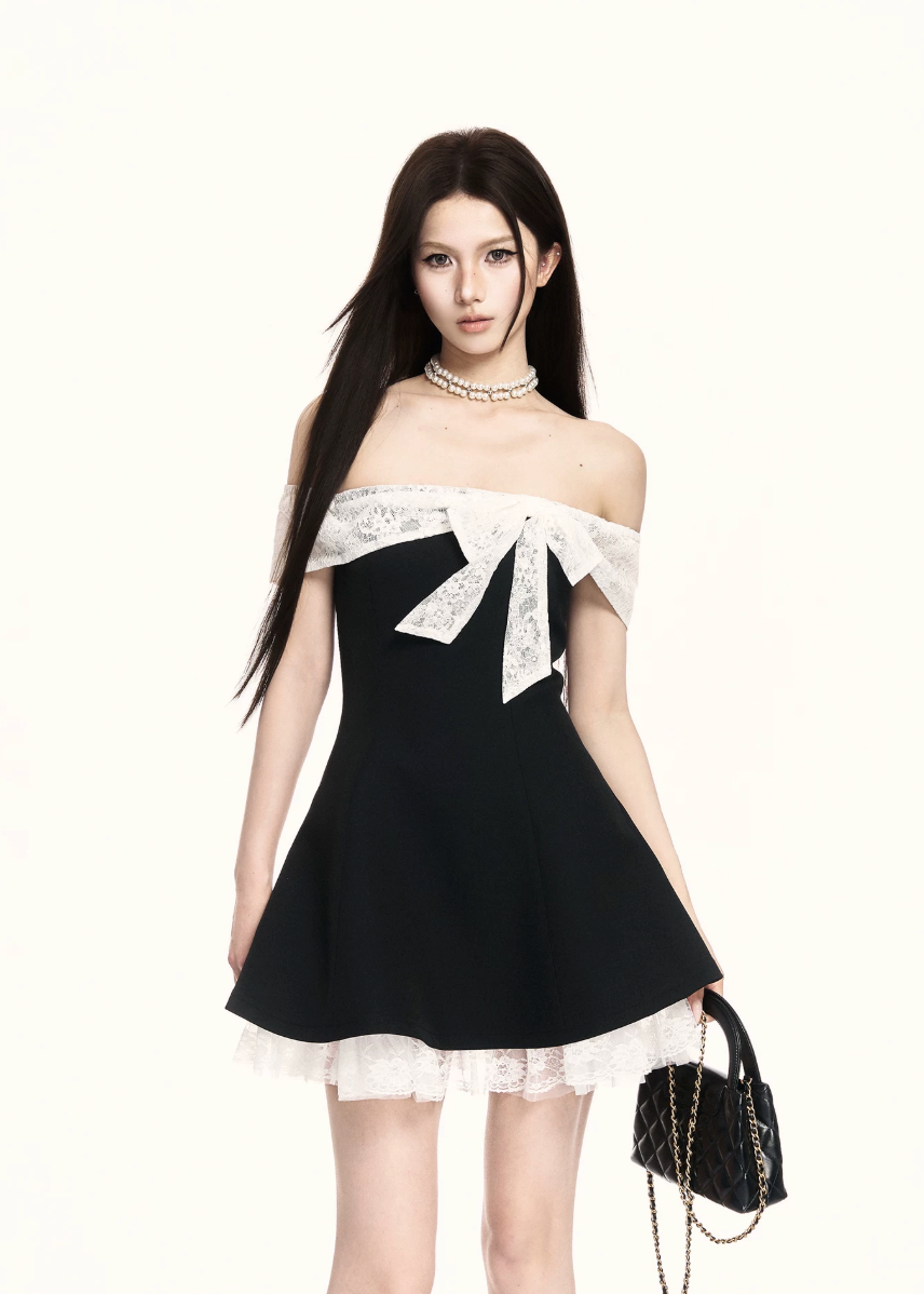 off shoulder dress women, black mini dress women, contrast dress women, bow dress women, korean fashion dress, a line dress women, slim fit dress women, elegant mini dress, summer outfit ideas, vacation dress women, chic minimal dress, short dress women, modern feminine outfit, flattering waist dress, stylish black dress, trendy mini dress, parisian style dress, statement mini dress, clean silhouette dress, refined mini dress