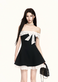 off shoulder dress women, black mini dress women, contrast dress women, bow dress women, korean fashion dress, a line dress women, slim fit dress women, elegant mini dress, summer outfit ideas, vacation dress women, chic minimal dress, short dress women, modern feminine outfit, flattering waist dress, stylish black dress, trendy mini dress, parisian style dress, statement mini dress, clean silhouette dress, refined mini dress