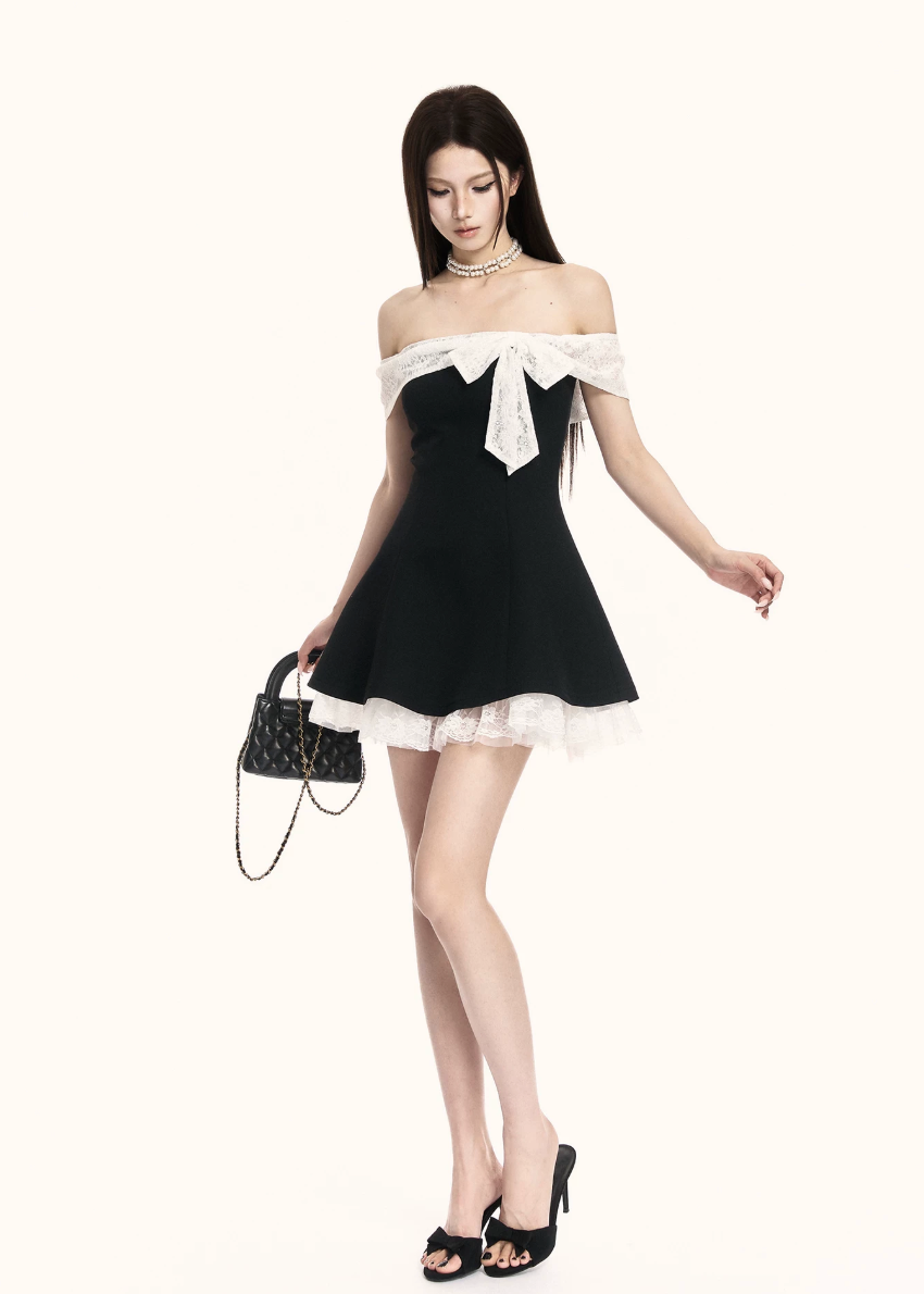 off shoulder dress women, black mini dress women, contrast dress women, bow dress women, korean fashion dress, a line dress women, slim fit dress women, elegant mini dress, summer outfit ideas, vacation dress women, chic minimal dress, short dress women, modern feminine outfit, flattering waist dress, stylish black dress, trendy mini dress, parisian style dress, statement mini dress, clean silhouette dress, refined mini dress