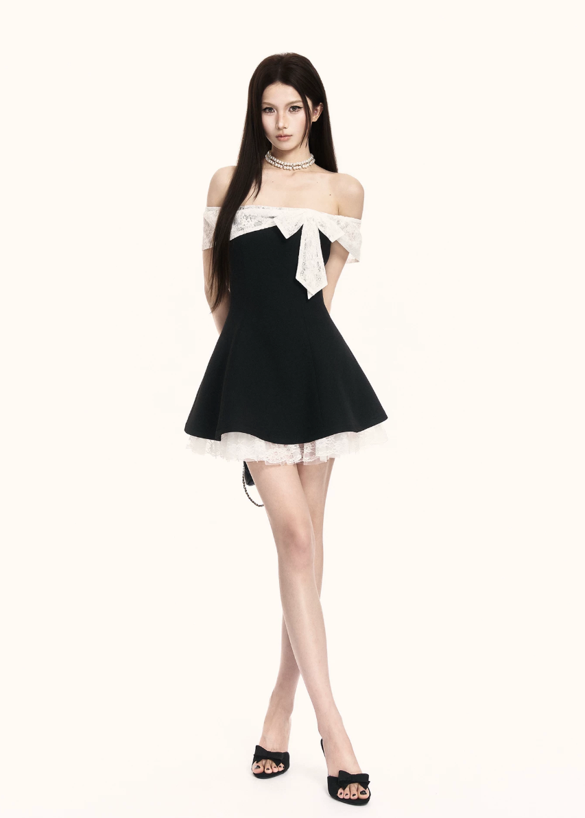 off shoulder dress women, black mini dress women, contrast dress women, bow dress women, korean fashion dress, a line dress women, slim fit dress women, elegant mini dress, summer outfit ideas, vacation dress women, chic minimal dress, short dress women, modern feminine outfit, flattering waist dress, stylish black dress, trendy mini dress, parisian style dress, statement mini dress, clean silhouette dress, refined mini dress