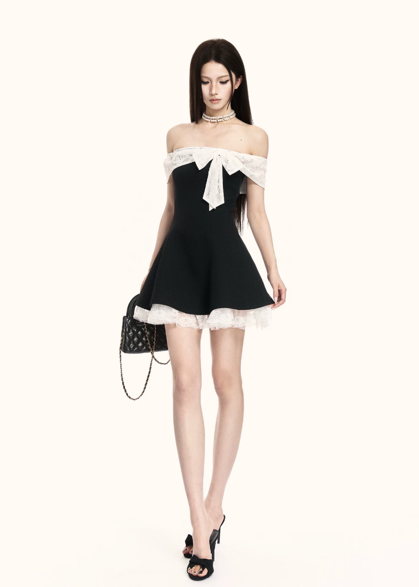 off shoulder dress women, black mini dress women, contrast dress women, bow dress women, korean fashion dress, a line dress women, slim fit dress women, elegant mini dress, summer outfit ideas, vacation dress women, chic minimal dress, short dress women, modern feminine outfit, flattering waist dress, stylish black dress, trendy mini dress, parisian style dress, statement mini dress, clean silhouette dress, refined mini dress