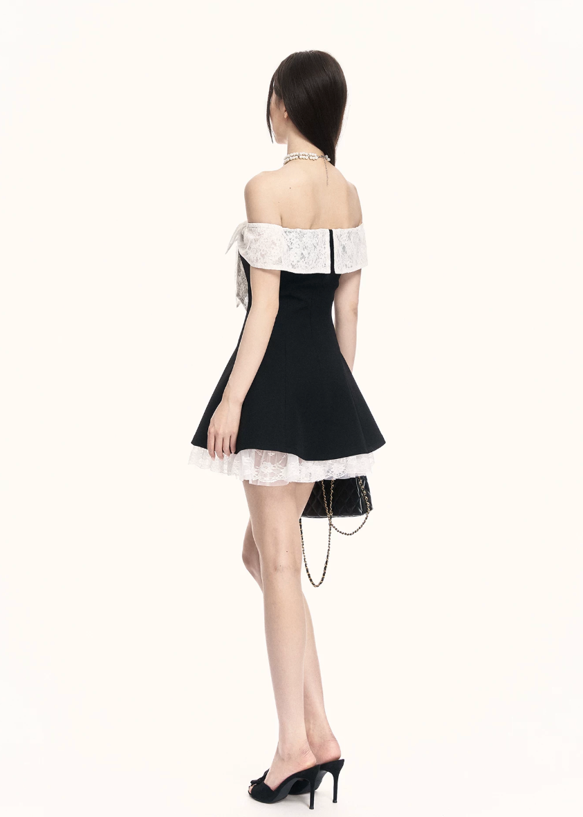 off shoulder dress women, black mini dress women, contrast dress women, bow dress women, korean fashion dress, a line dress women, slim fit dress women, elegant mini dress, summer outfit ideas, vacation dress women, chic minimal dress, short dress women, modern feminine outfit, flattering waist dress, stylish black dress, trendy mini dress, parisian style dress, statement mini dress, clean silhouette dress, refined mini dress