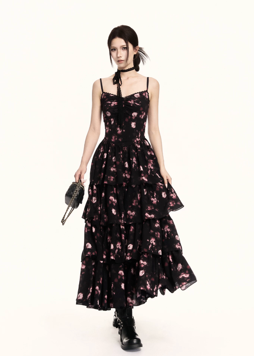 floral maxi dress women, tiered maxi dress, long dress women, korean fashion dress, slim fit dress women, summer outfit ideas, vacation dress women, elegant maxi dress, camisole maxi dress, chic minimal dress, long summer dress, modern feminine outfit, flattering waist dress, stylish maxi dress, trendy maxi dress, parisian style dress, statement dress women, layered maxi dress, clean silhouette dress, refined floral dress