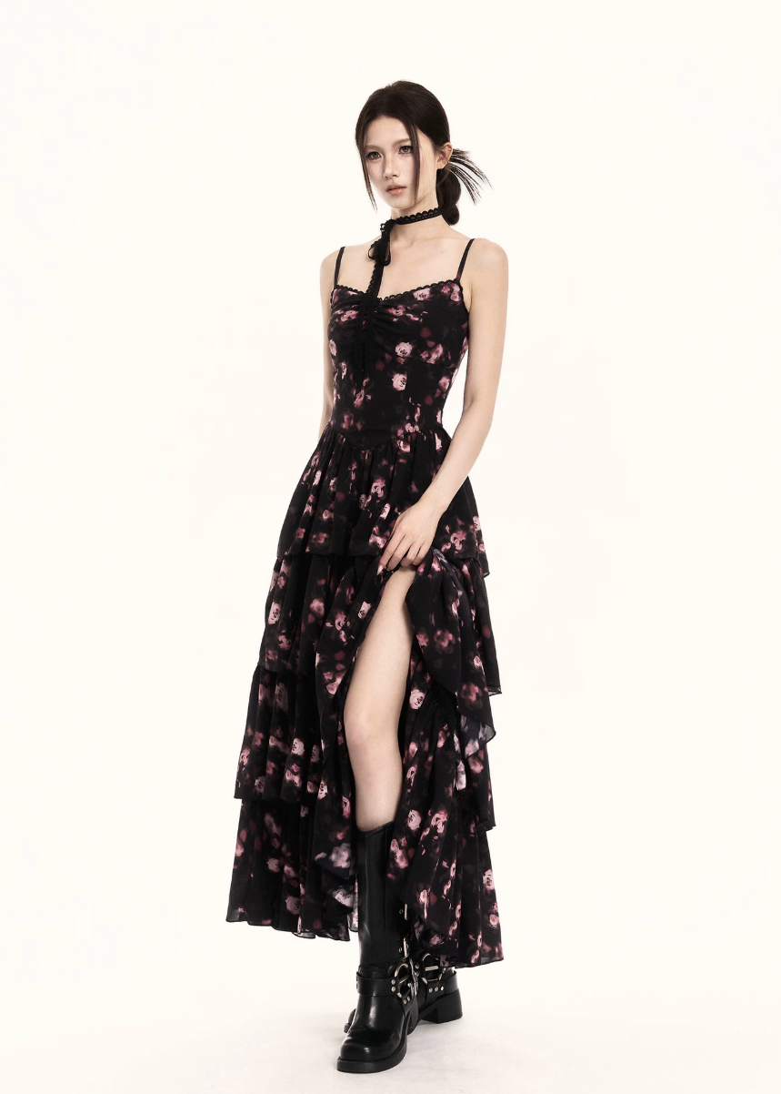 floral maxi dress women, tiered maxi dress, long dress women, korean fashion dress, slim fit dress women, summer outfit ideas, vacation dress women, elegant maxi dress, camisole maxi dress, chic minimal dress, long summer dress, modern feminine outfit, flattering waist dress, stylish maxi dress, trendy maxi dress, parisian style dress, statement dress women, layered maxi dress, clean silhouette dress, refined floral dress
