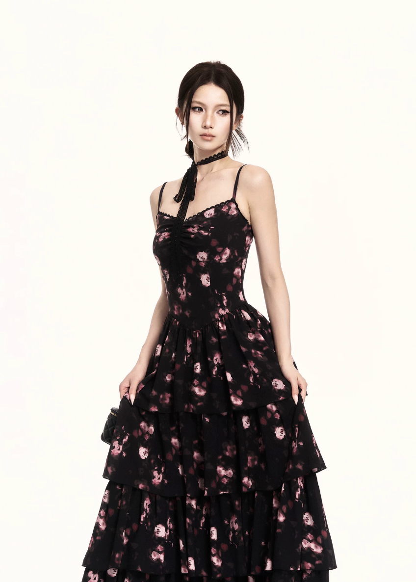 floral maxi dress women, tiered maxi dress, long dress women, korean fashion dress, slim fit dress women, summer outfit ideas, vacation dress women, elegant maxi dress, camisole maxi dress, chic minimal dress, long summer dress, modern feminine outfit, flattering waist dress, stylish maxi dress, trendy maxi dress, parisian style dress, statement dress women, layered maxi dress, clean silhouette dress, refined floral dress
