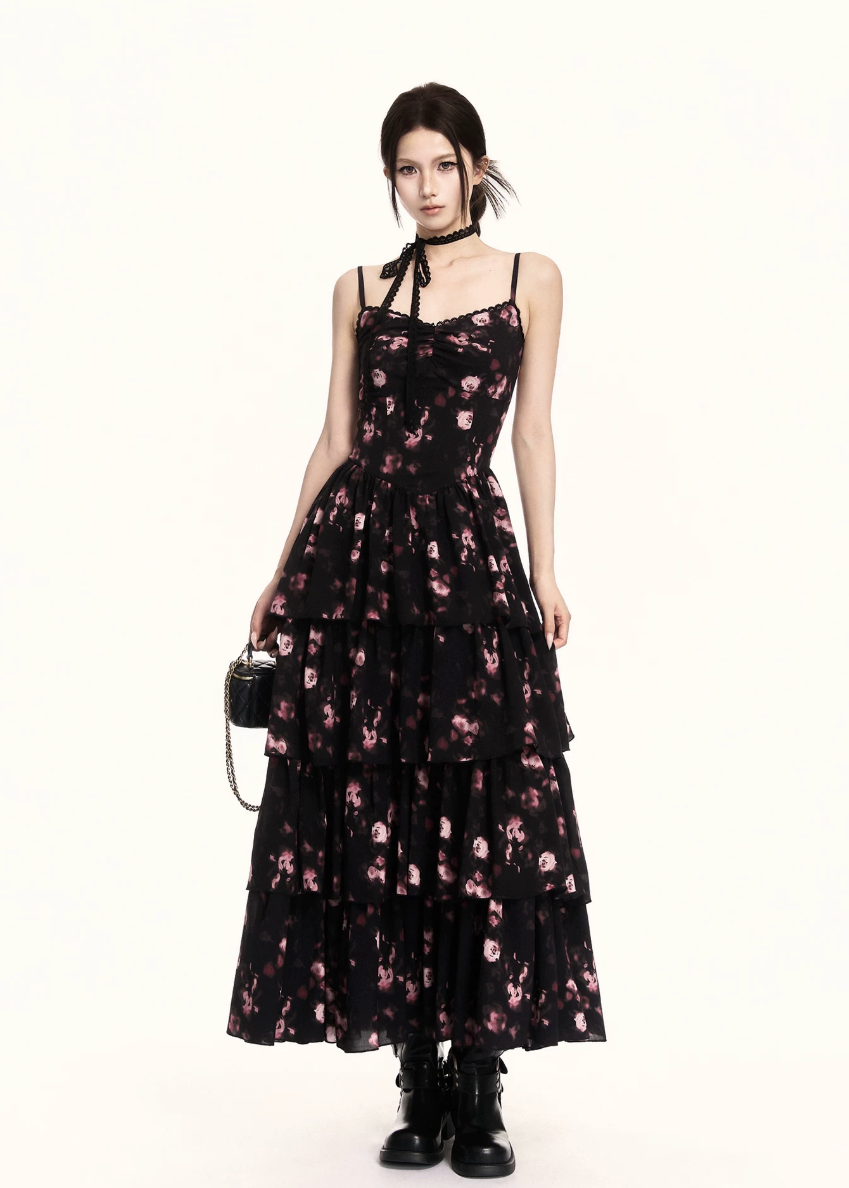 floral maxi dress women, tiered maxi dress, long dress women, korean fashion dress, slim fit dress women, summer outfit ideas, vacation dress women, elegant maxi dress, camisole maxi dress, chic minimal dress, long summer dress, modern feminine outfit, flattering waist dress, stylish maxi dress, trendy maxi dress, parisian style dress, statement dress women, layered maxi dress, clean silhouette dress, refined floral dress