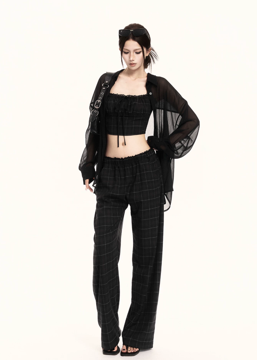 two piece set women, plaid set women, wide leg pants set, korean fashion outfit, crop top set women, summer outfit ideas, casual two piece outfit, street style outfit women, coordinated set women, chic minimal outfit, relaxed fit pants women, trendy two piece set, everyday outfit women, modern style outfit, fashion forward set, clean silhouette outfit, stylish summer set, casual chic outfit, minimalist fashion set, versatile outfit women