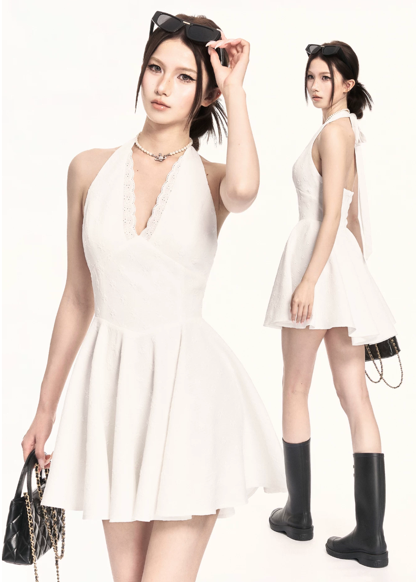halter mini dress women, a line dress women, backless dress women, v neck dress women, korean fashion dress, slim fit dress women, summer outfit ideas, vacation dress women, elegant mini dress, sleeveless dress women, chic minimal dress, short dress women, modern feminine outfit, flattering waist dress, stylish mini dress, trendy mini dress, parisian style dress, statement mini dress, clean silhouette dress, refined mini dress