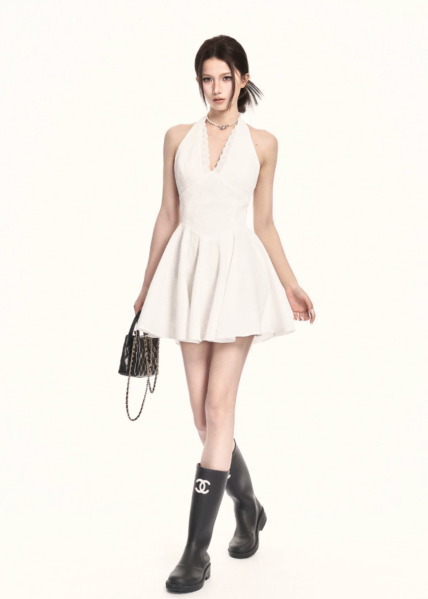 halter mini dress women, a line dress women, backless dress women, v neck dress women, korean fashion dress, slim fit dress women, summer outfit ideas, vacation dress women, elegant mini dress, sleeveless dress women, chic minimal dress, short dress women, modern feminine outfit, flattering waist dress, stylish mini dress, trendy mini dress, parisian style dress, statement mini dress, clean silhouette dress, refined mini dress