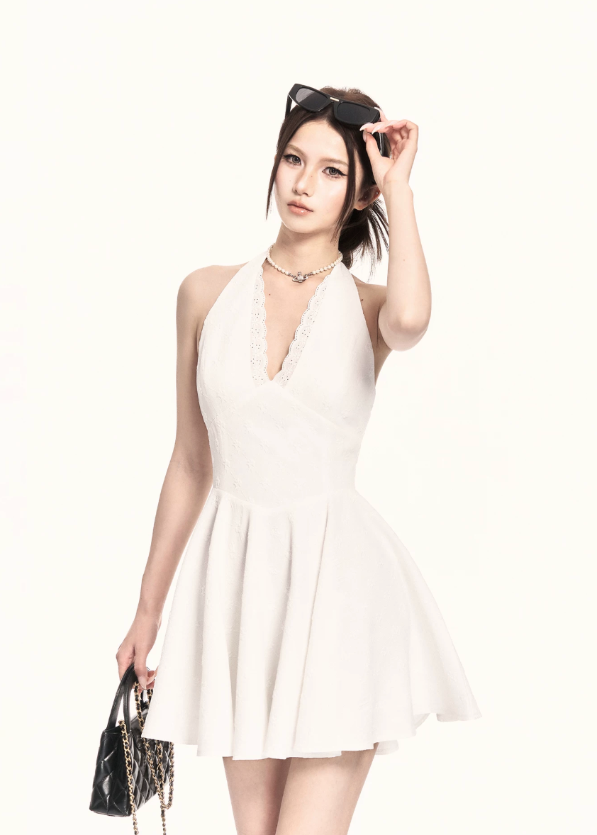 halter mini dress women, a line dress women, backless dress women, v neck dress women, korean fashion dress, slim fit dress women, summer outfit ideas, vacation dress women, elegant mini dress, sleeveless dress women, chic minimal dress, short dress women, modern feminine outfit, flattering waist dress, stylish mini dress, trendy mini dress, parisian style dress, statement mini dress, clean silhouette dress, refined mini dress