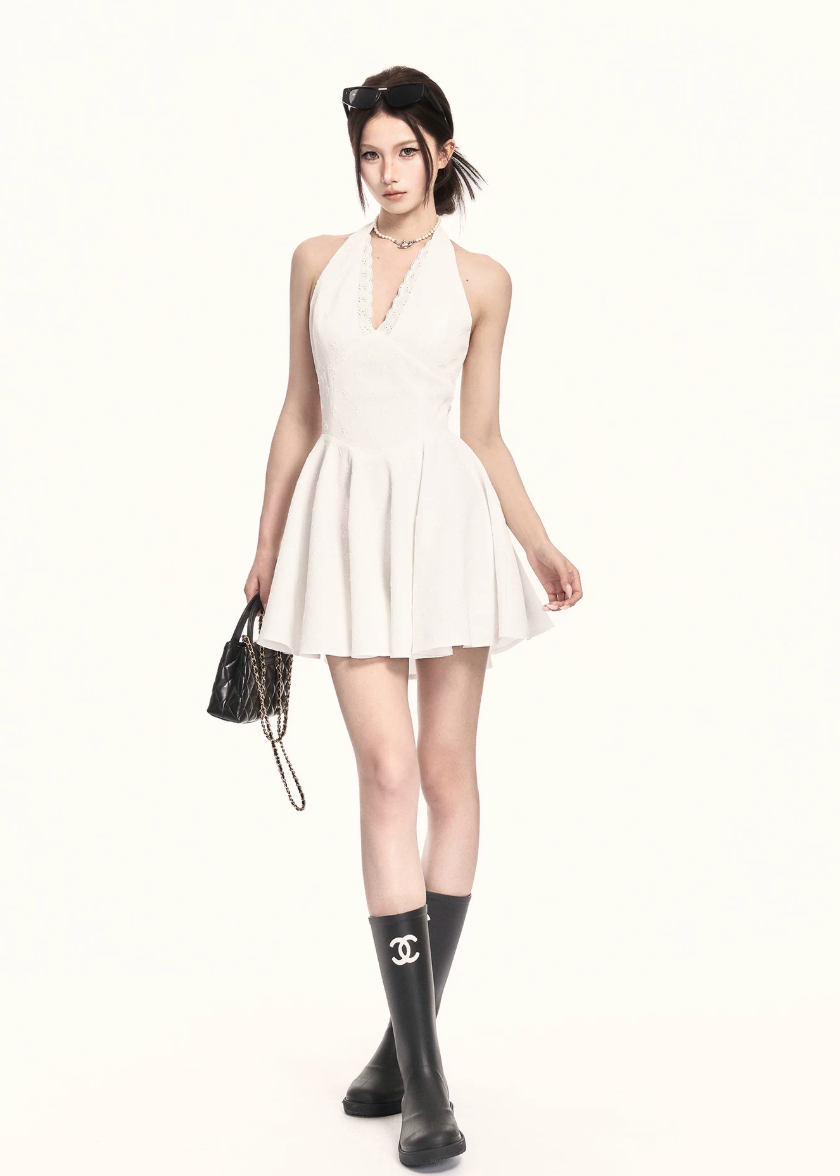 halter mini dress women, a line dress women, backless dress women, v neck dress women, korean fashion dress, slim fit dress women, summer outfit ideas, vacation dress women, elegant mini dress, sleeveless dress women, chic minimal dress, short dress women, modern feminine outfit, flattering waist dress, stylish mini dress, trendy mini dress, parisian style dress, statement mini dress, clean silhouette dress, refined mini dress