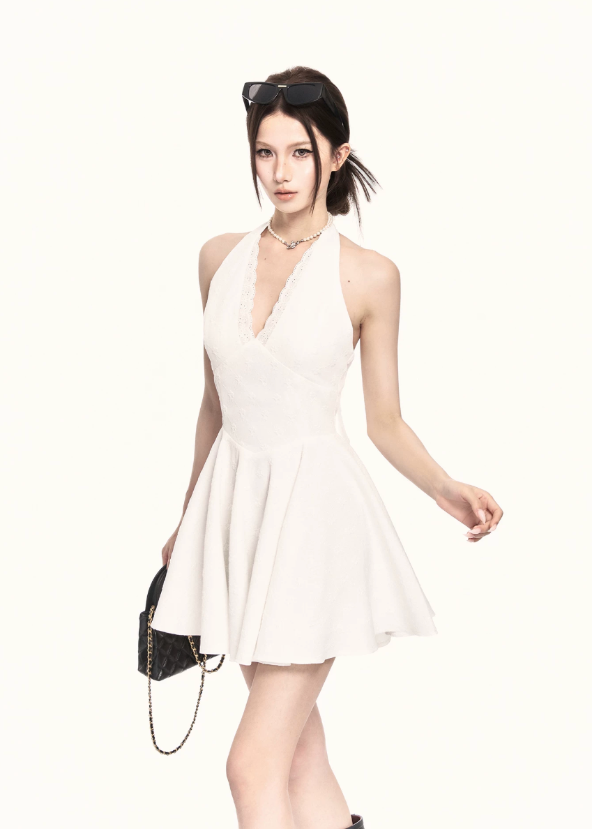 halter mini dress women, a line dress women, backless dress women, v neck dress women, korean fashion dress, slim fit dress women, summer outfit ideas, vacation dress women, elegant mini dress, sleeveless dress women, chic minimal dress, short dress women, modern feminine outfit, flattering waist dress, stylish mini dress, trendy mini dress, parisian style dress, statement mini dress, clean silhouette dress, refined mini dress