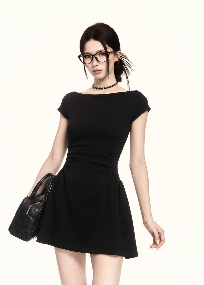 boat neck dress women, mini dress women, a line dress women, korean fashion dress, slim fit dress women, elegant mini dress, structured dress women, summer outfit ideas, work outfit women, chic minimal dress, short sleeve dress women, parisian style dress, casual elegant outfit, everyday dress women, flattering waist dress, modern feminine outfit, clean silhouette dress, office casual dress, simple elegant dress, refined mini dress
