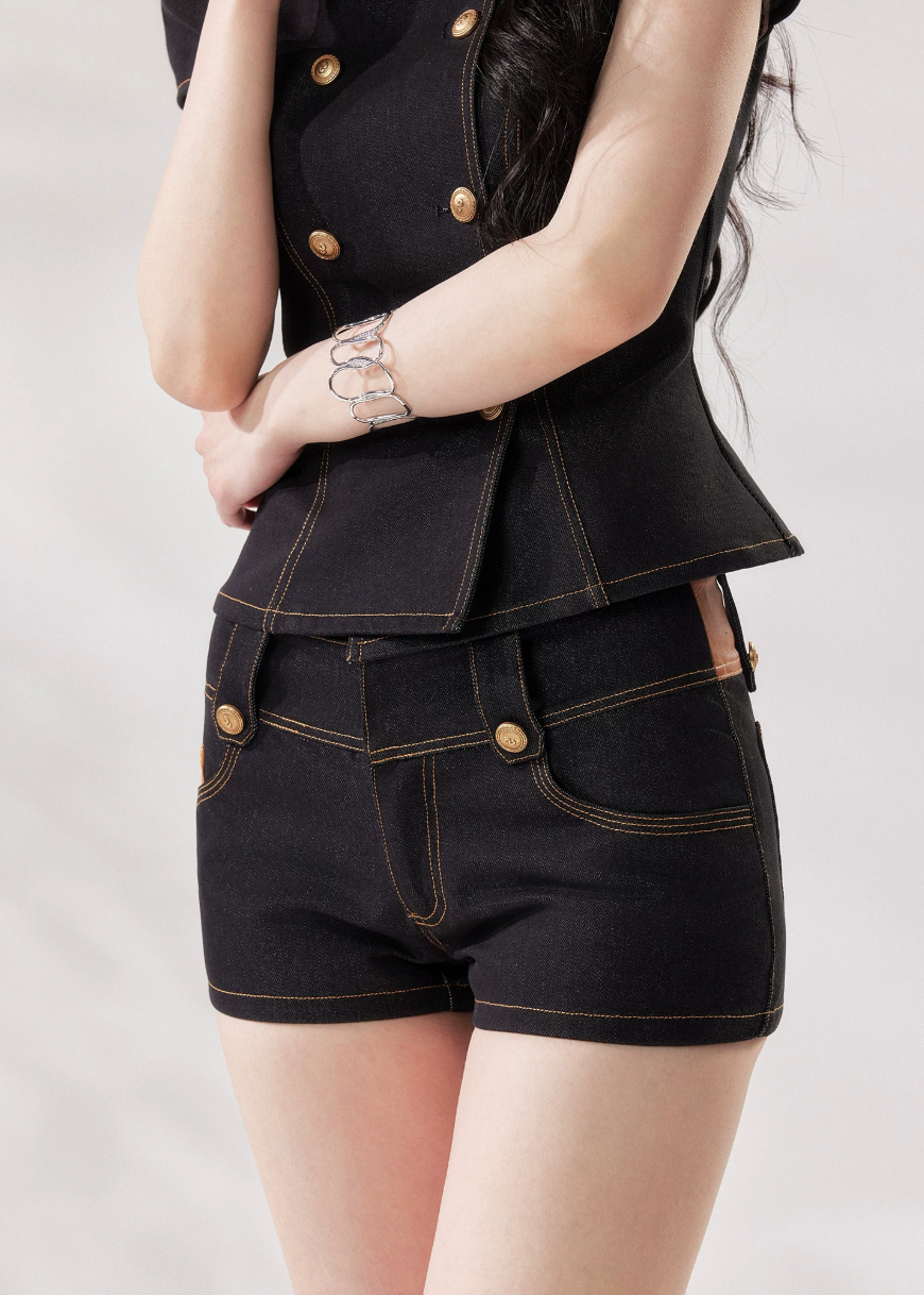 black denim set women, denim two piece set, structured denim outfit, double breasted top women, summer co ord set women, black short set outfit, modern minimalist outfit women, tailored denim set, chic summer outfit women, city style outfit women, fashion forward set women, clean line outfit women, edgy minimal fashion, elevated casual outfit, trendy denim set women