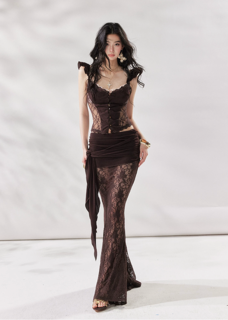 lace two piece set women, lace three piece set, mermaid skirt set women, elegant lace outfit women, black lace co ord set, summer evening outfit women, french style outfit women, bodycon lace set, feminine elegant outfit, luxury summer outfit women, chic lace set women, modern evening wear women, stylish matching set women, trending co ord set women, refined lace outfit