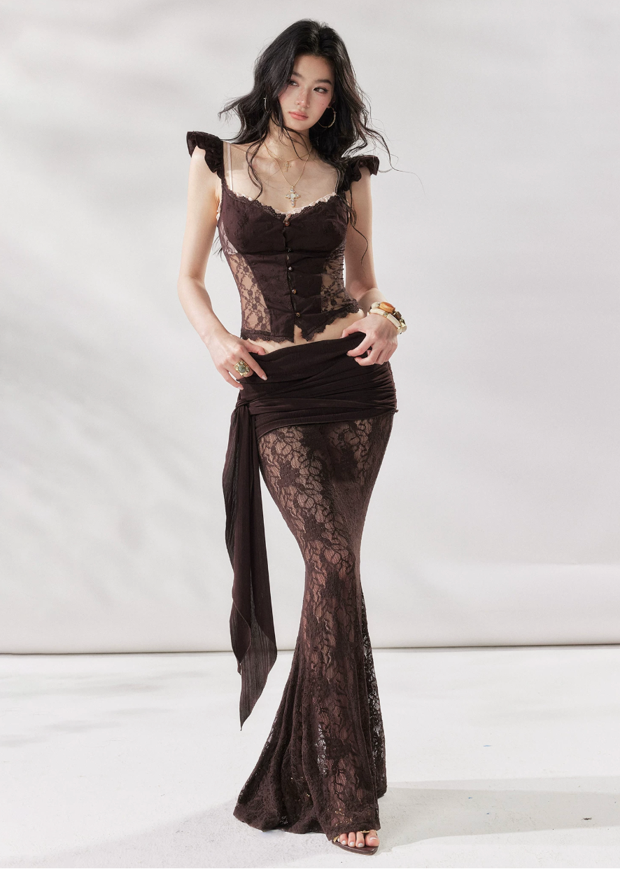 lace two piece set women, lace three piece set, mermaid skirt set women, elegant lace outfit women, black lace co ord set, summer evening outfit women, french style outfit women, bodycon lace set, feminine elegant outfit, luxury summer outfit women, chic lace set women, modern evening wear women, stylish matching set women, trending co ord set women, refined lace outfit