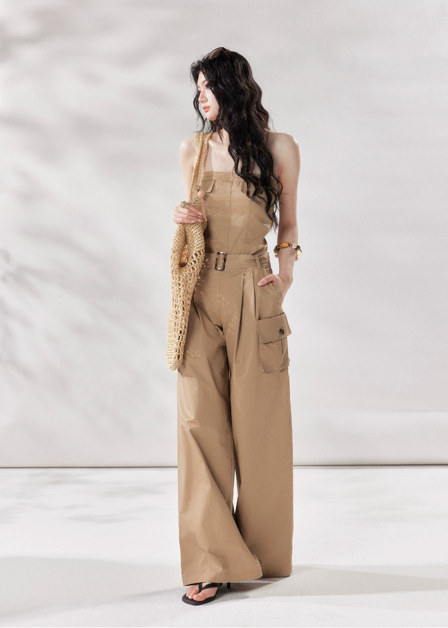 cargo jumpsuit women, strapless jumpsuit women, bandeau jumpsuit, utility jumpsuit women, wide leg jumpsuit women, summer jumpsuit outfit women, beige jumpsuit women, modern minimal outfit women, street style jumpsuit women, fashion forward jumpsuit, elevated casual outfit women, one piece outfit women, trendy cargo outfit women, chic summer jumpsuit, stylish utility outfit