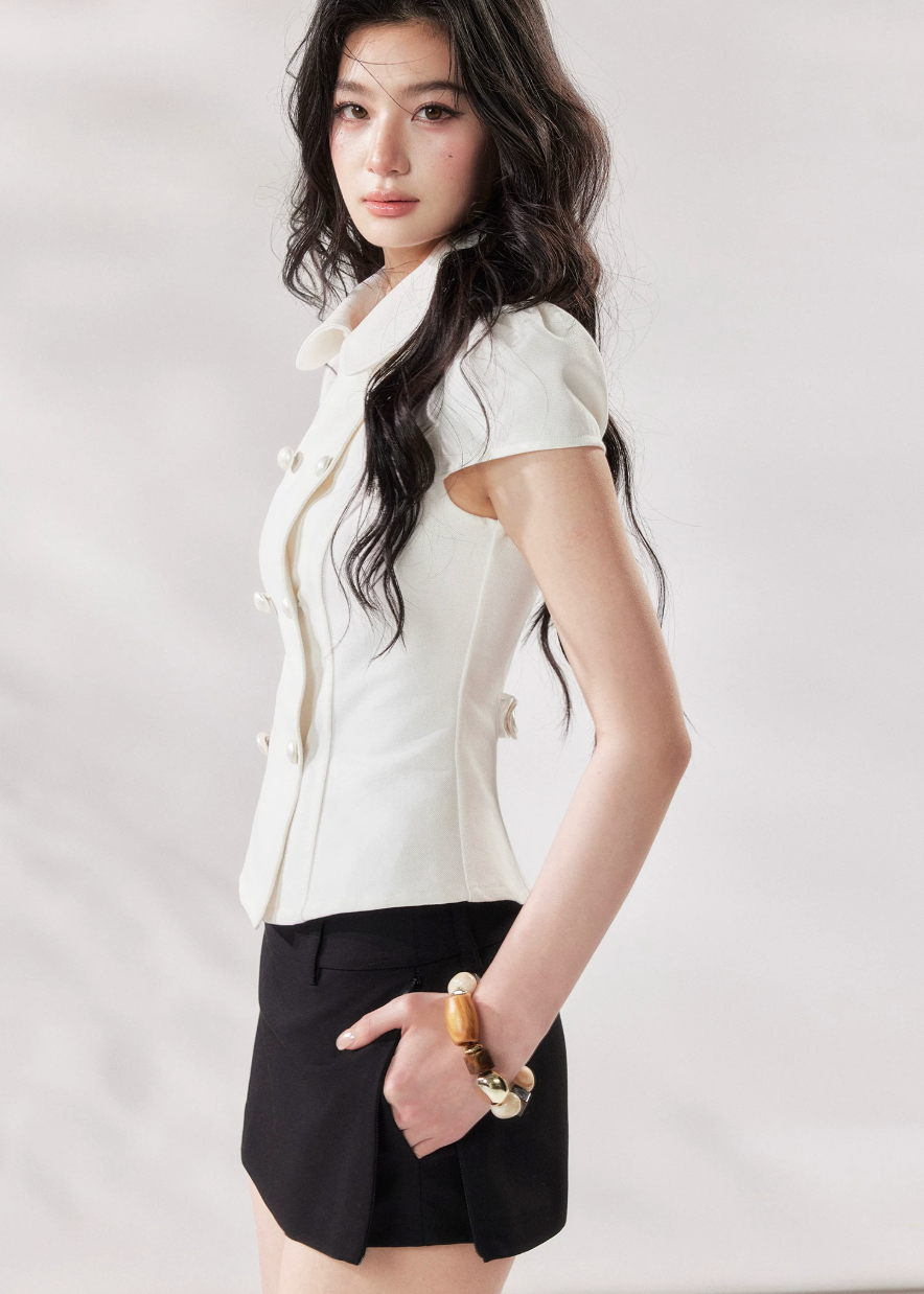 white denim shirt women, double breasted shirt women, doll collar blouse, french style summer shirt, short sleeve denim top, structured white top, chic summer outfit women, korean fashion blouse, modern casual shirt, elevated everyday top