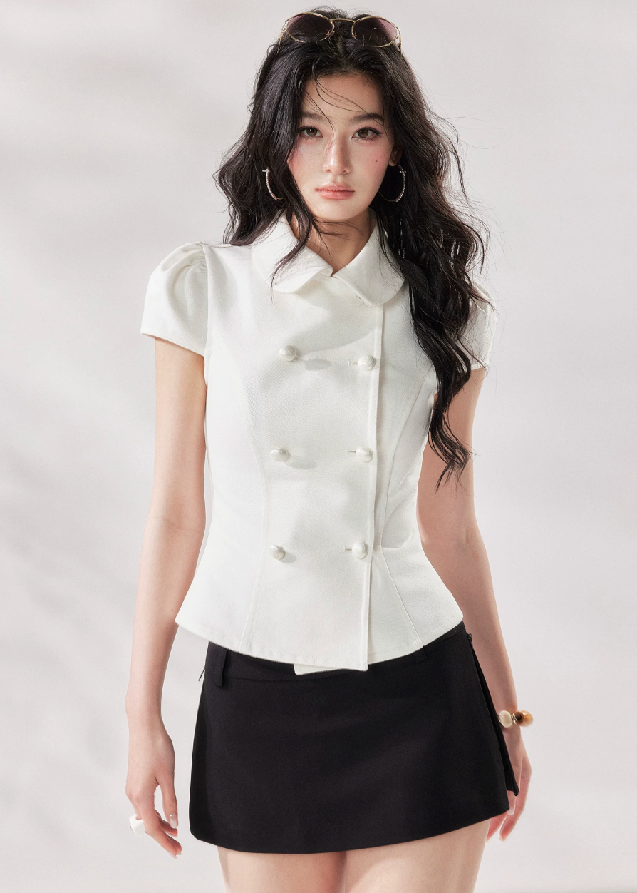 white denim shirt women, double breasted shirt women, doll collar blouse, french style summer shirt, short sleeve denim top, structured white top, chic summer outfit women, korean fashion blouse, modern casual shirt, elevated everyday top