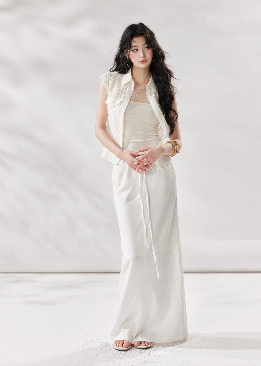 white layering top, tencel shirt women, camisole shirt set, summer two piece top, white short sleeve shirt women, korean fashion top, minimalist summer outfit, casual city outfit women, lightweight summer shirt, stylish layering set