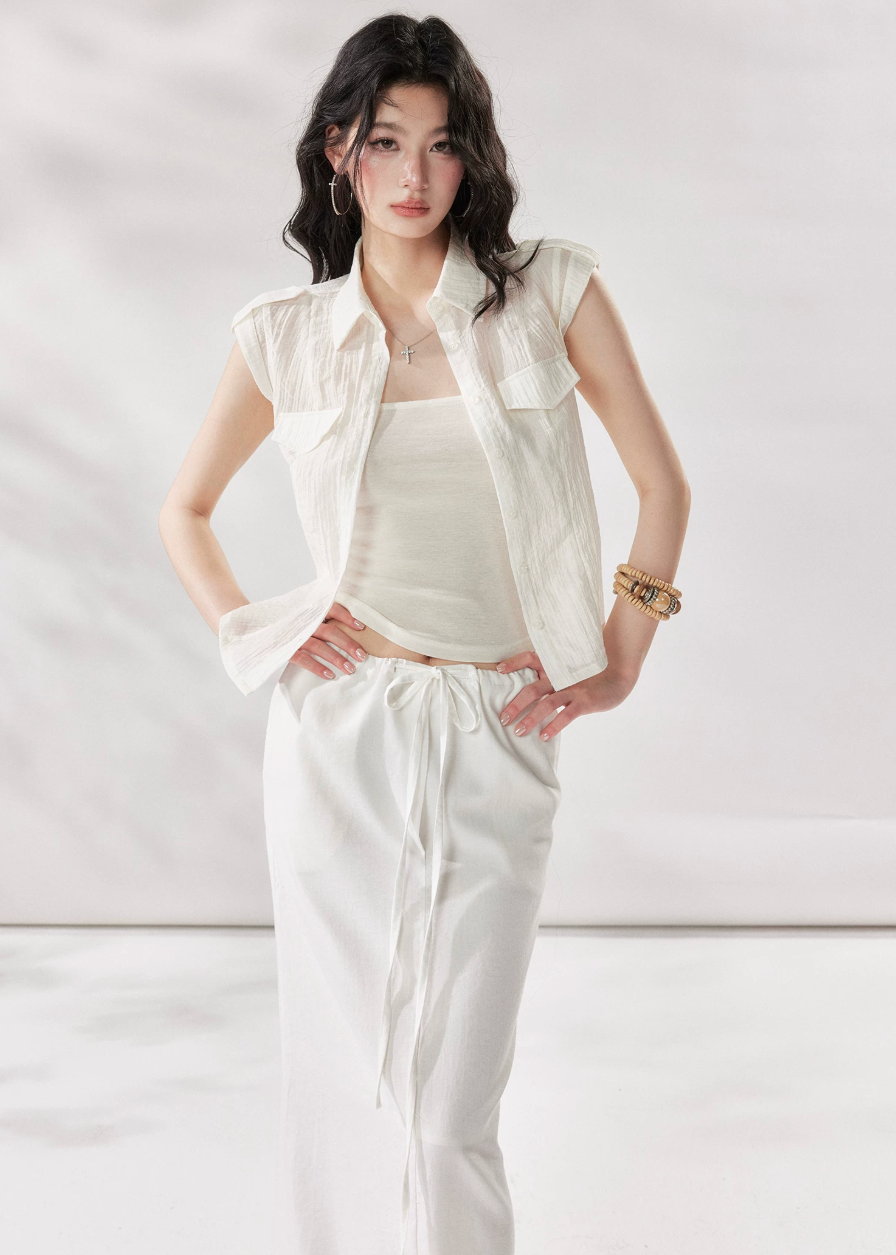 white layering top, tencel shirt women, camisole shirt set, summer two piece top, white short sleeve shirt women, korean fashion top, minimalist summer outfit, casual city outfit women, lightweight summer shirt, stylish layering set
