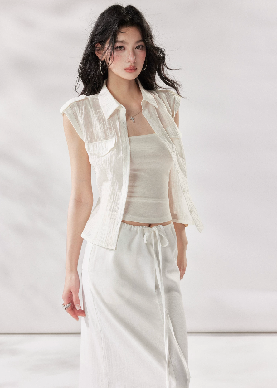 white layering top, tencel shirt women, camisole shirt set, summer two piece top, white short sleeve shirt women, korean fashion top, minimalist summer outfit, casual city outfit women, lightweight summer shirt, stylish layering set