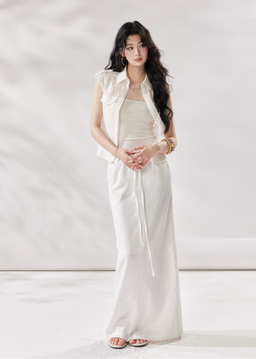 white linen skirt, high waist maxi skirt, drawstring skirt women, korean fashion skirt, long straight skirt, minimalist summer skirt, relaxed summer outfit, white maxi skirt women, linen blend skirt, vacation skirt outfit, casual elegant skirt, soft drape skirt