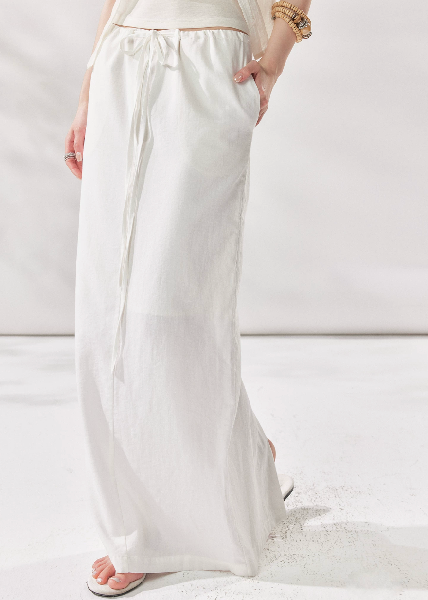 white linen skirt, high waist maxi skirt, drawstring skirt women, korean fashion skirt, long straight skirt, minimalist summer skirt, relaxed summer outfit, white maxi skirt women, linen blend skirt, vacation skirt outfit, casual elegant skirt, soft drape skirt