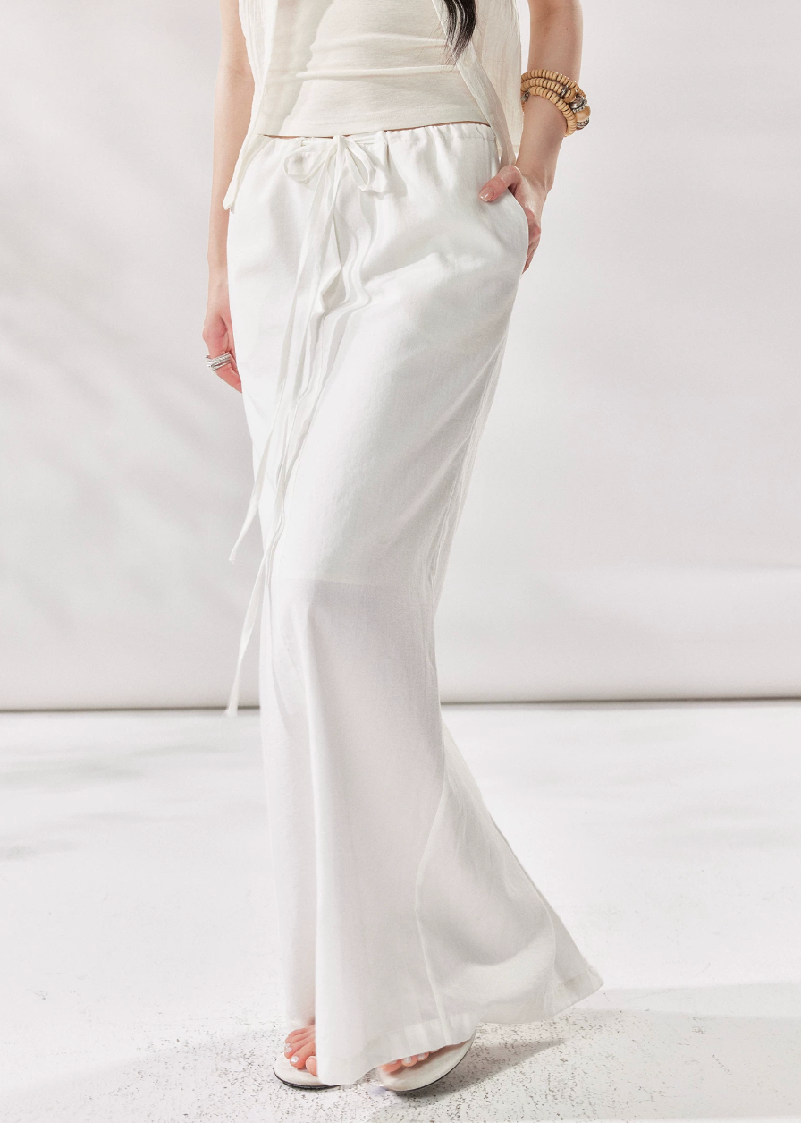 white linen skirt, high waist maxi skirt, drawstring skirt women, korean fashion skirt, long straight skirt, minimalist summer skirt, relaxed summer outfit, white maxi skirt women, linen blend skirt, vacation skirt outfit, casual elegant skirt, soft drape skirt