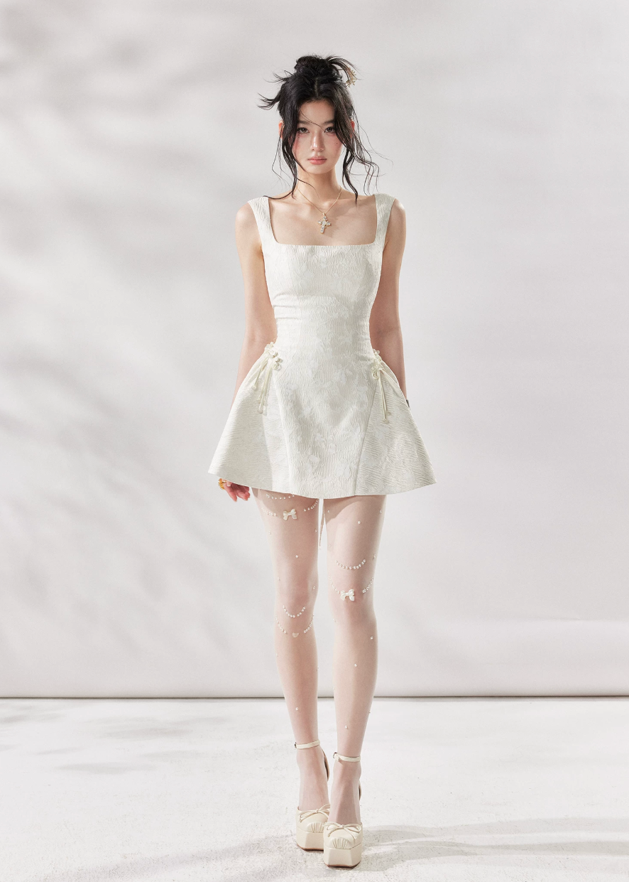 ivory a line dress, square neck dress women, white summer dress, french style mini dress, korean fashion dress, romantic summer dress, sleeveless a line dress, vacation dress women, feminine summer outfit, elegant casual dress