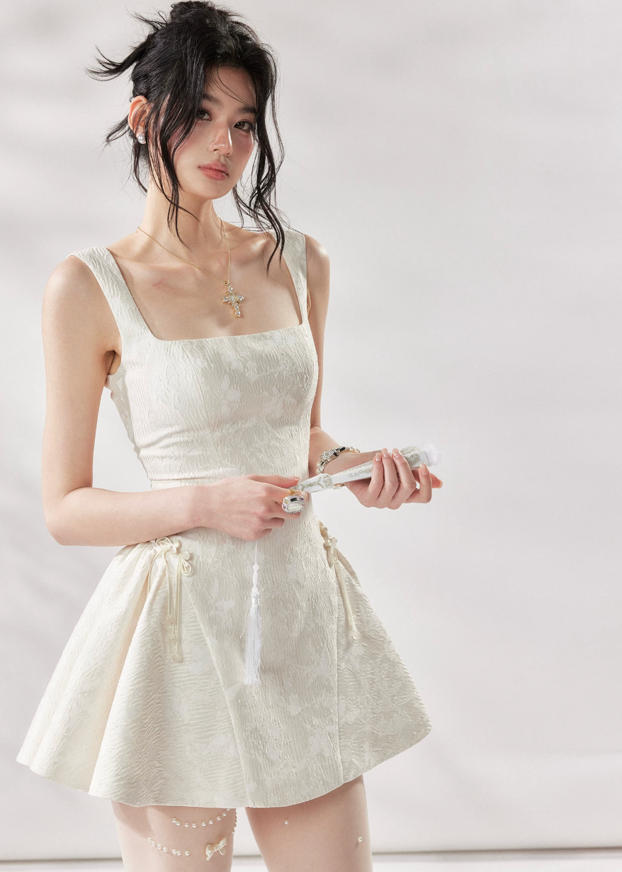 ivory a line dress, square neck dress women, white summer dress, french style mini dress, korean fashion dress, romantic summer dress, sleeveless a line dress, vacation dress women, feminine summer outfit, elegant casual dress