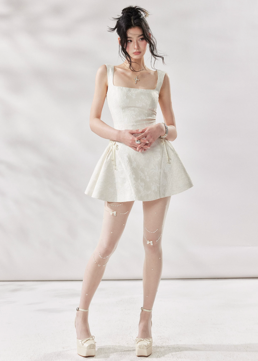 ivory a line dress, square neck dress women, white summer dress, french style mini dress, korean fashion dress, romantic summer dress, sleeveless a line dress, vacation dress women, feminine summer outfit, elegant casual dress