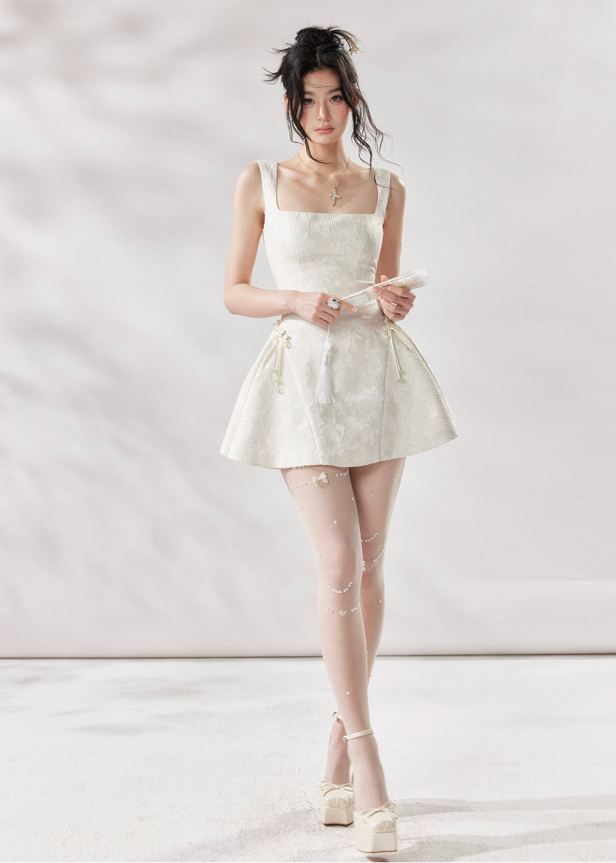 ivory a line dress, square neck dress women, white summer dress, french style mini dress, korean fashion dress, romantic summer dress, sleeveless a line dress, vacation dress women, feminine summer outfit, elegant casual dress