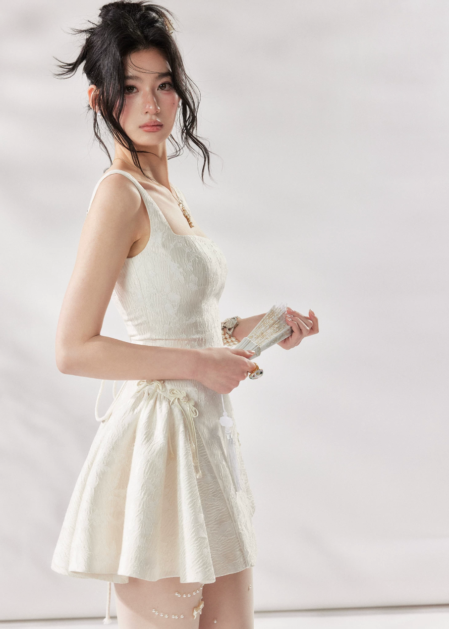 ivory a line dress, square neck dress women, white summer dress, french style mini dress, korean fashion dress, romantic summer dress, sleeveless a line dress, vacation dress women, feminine summer outfit, elegant casual dress