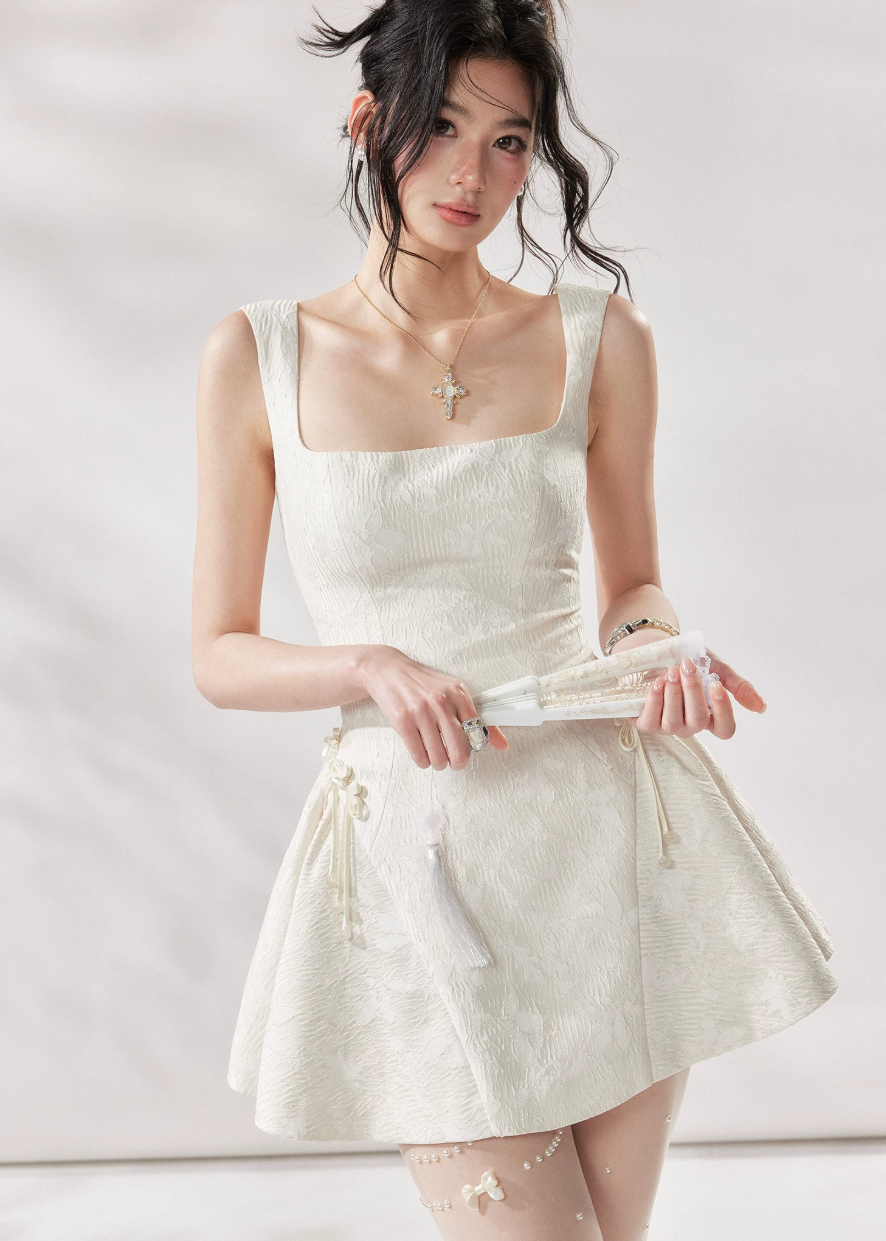ivory a line dress, square neck dress women, white summer dress, french style mini dress, korean fashion dress, romantic summer dress, sleeveless a line dress, vacation dress women, feminine summer outfit, elegant casual dress