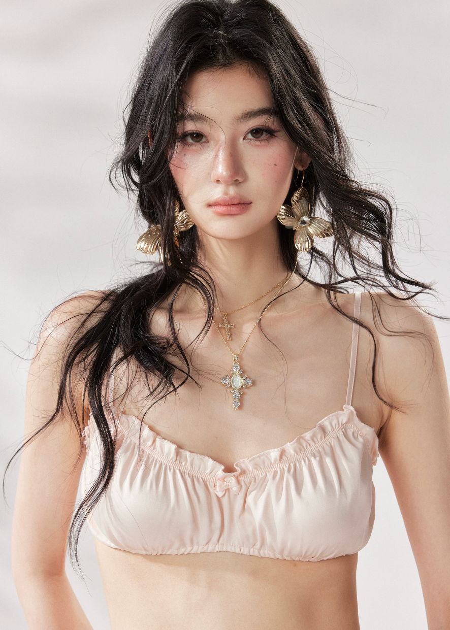 satin bandeau top, brown bra top women, acetate camisole top, ruched bandeau top, summer layering top, french style bra top, korean fashion top, chocolate brown top, stylish summer outfit, minimal camisole top, vacation layering top