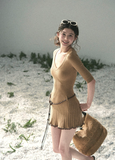 korean knit dress, ribbed mini dress, v neck knit dress, feminine summer dress, soft knit dress women, korean style dress, elegant casual dress, spring knit dress, slim fit mini dress, light mature women dress, refined feminine outfit, mocha knit dress