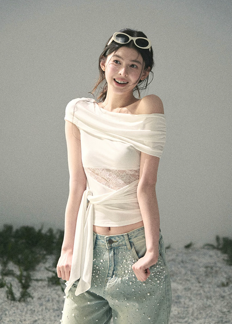 off shoulder lace top, asymmetric summer top, korean fashion blouse, french style lace top, lace cut out top women, slim fit summer blouse, romantic summer top, vacation outfit women, white off shoulder top, black off shoulder top, feminine summer outfit, elegant casual top