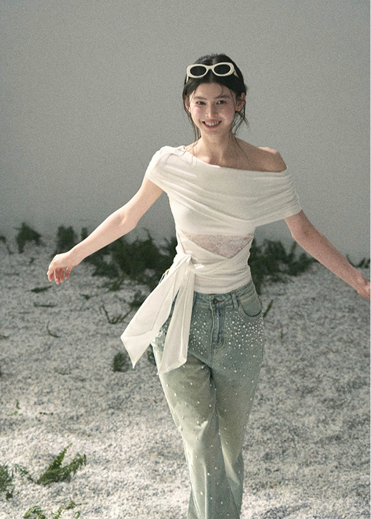 off shoulder lace top, asymmetric summer top, korean fashion blouse, french style lace top, lace cut out top women, slim fit summer blouse, romantic summer top, vacation outfit women, white off shoulder top, black off shoulder top, feminine summer outfit, elegant casual top