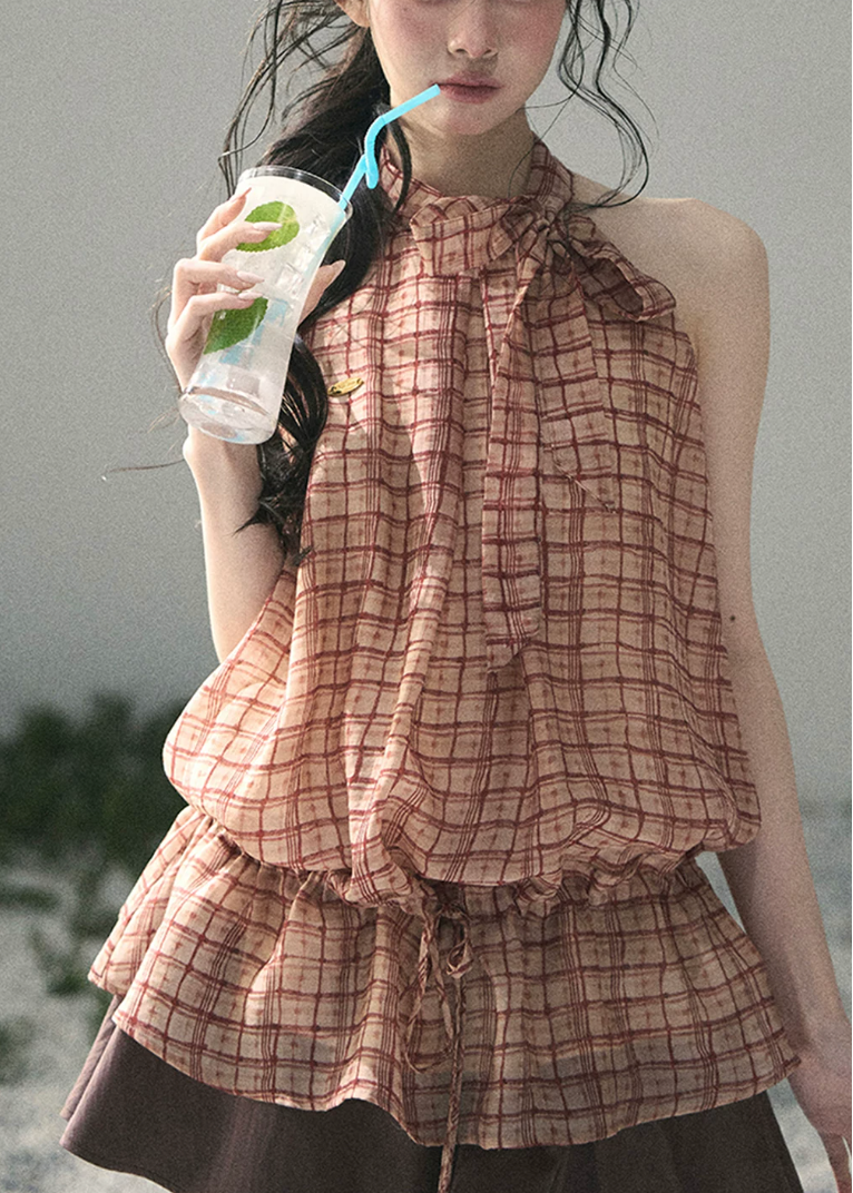aomalm top, plaid halter top, feminine korean top, french style plaid blouse, summer halter blouse, waist drawstring top, tencel blend top, romantic summer top, vintage plaid top women, korean fashion blouse, soft vacation top, cute summer outfit
