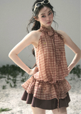 aomalm top, plaid halter top, feminine korean top, french style plaid blouse, summer halter blouse, waist drawstring top, tencel blend top, romantic summer top, vintage plaid top women, korean fashion blouse, soft vacation top, cute summer outfit