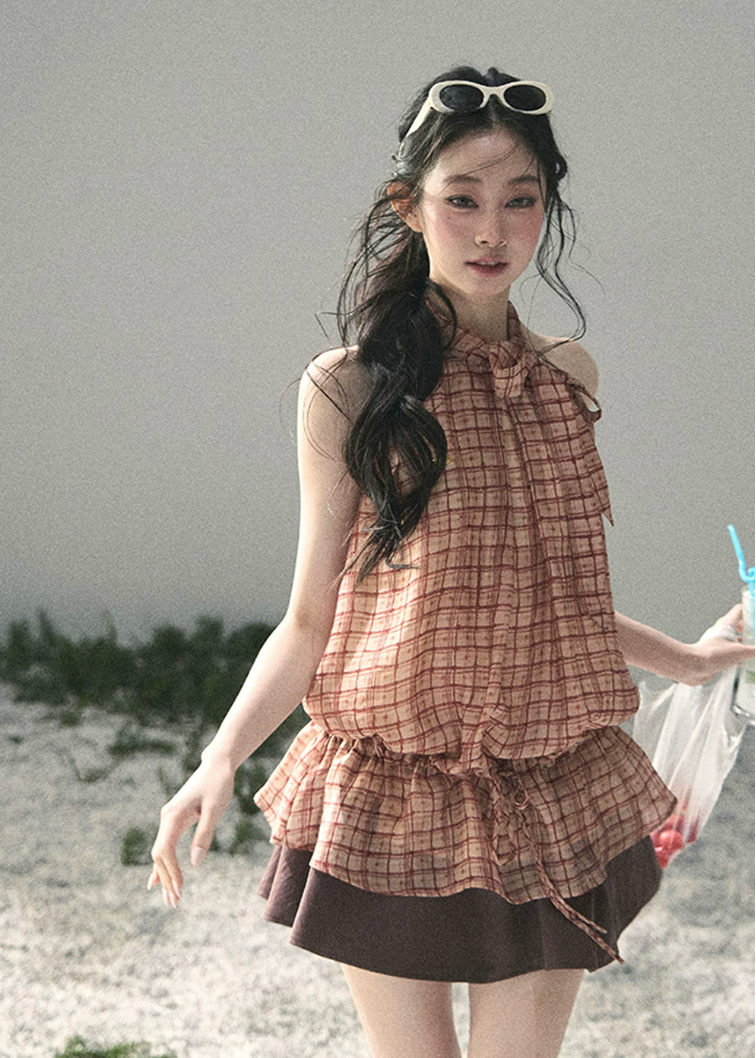 aomalm top, plaid halter top, feminine korean top, french style plaid blouse, summer halter blouse, waist drawstring top, tencel blend top, romantic summer top, vintage plaid top women, korean fashion blouse, soft vacation top, cute summer outfit