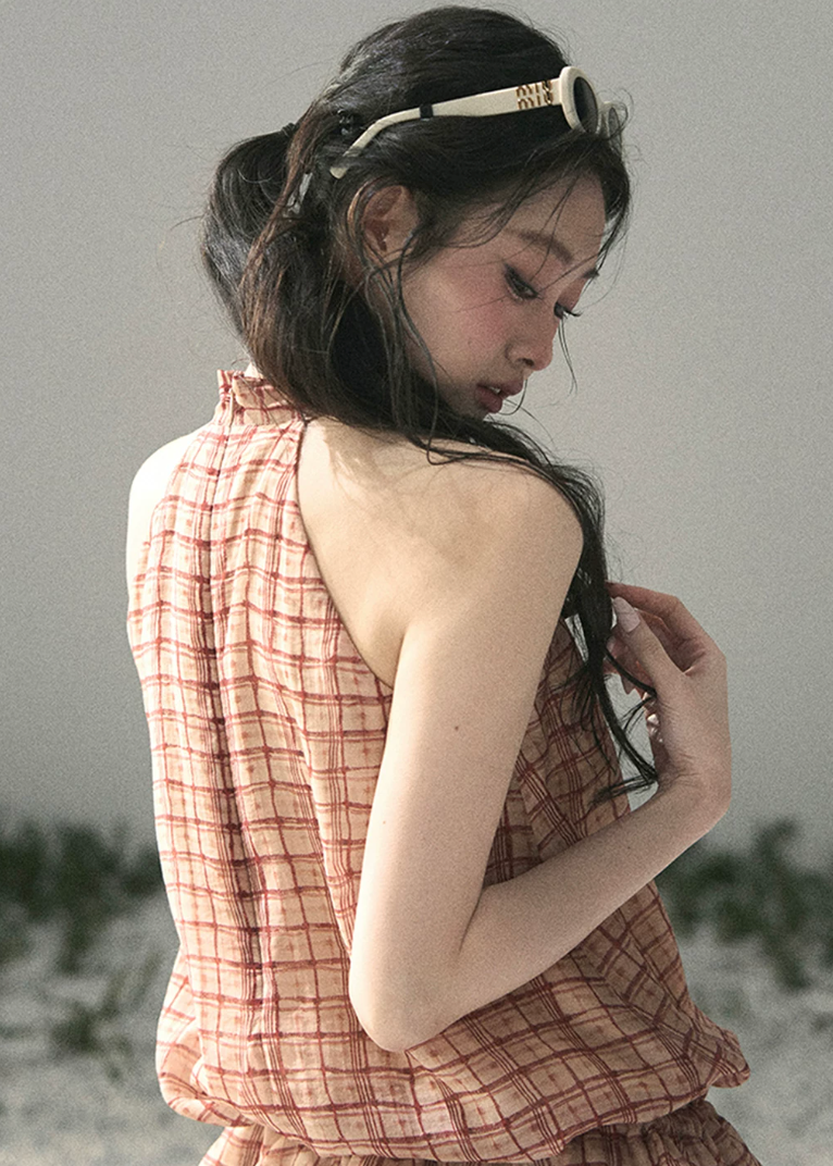 aomalm top, plaid halter top, feminine korean top, french style plaid blouse, summer halter blouse, waist drawstring top, tencel blend top, romantic summer top, vintage plaid top women, korean fashion blouse, soft vacation top, cute summer outfit