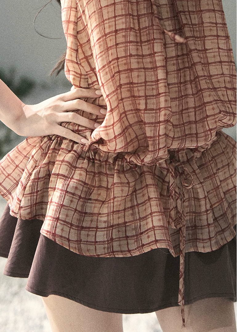 aomalm top, plaid halter top, feminine korean top, french style plaid blouse, summer halter blouse, waist drawstring top, tencel blend top, romantic summer top, vintage plaid top women, korean fashion blouse, soft vacation top, cute summer outfit